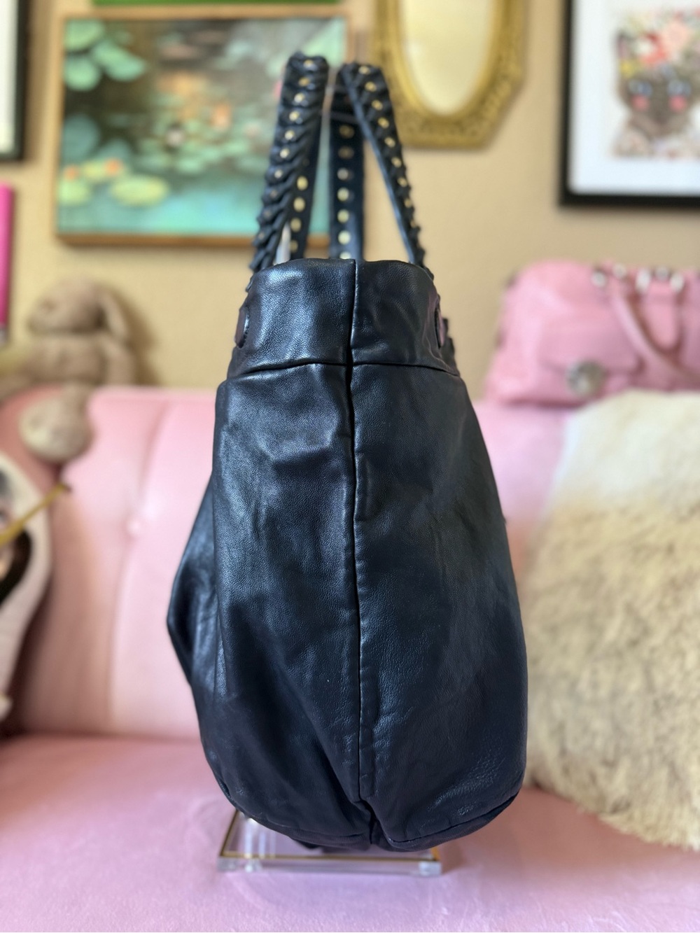 Authentic Diane Von Furstenburg SOFT Blk Leather Hobo Stud-Detail Origami Straps - Picture 7 of 16